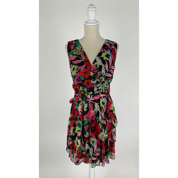 Tahari Arthur S. Levine Womens Dress Tie-Waist Vibrant Floral Size 4 V Neck - Picture 1 of 14